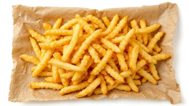 Crispy golden curly fries served on brown parchment paper, isolated on white. 4k video