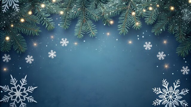 Festive christmas background with green fir branches and falling snowflakes