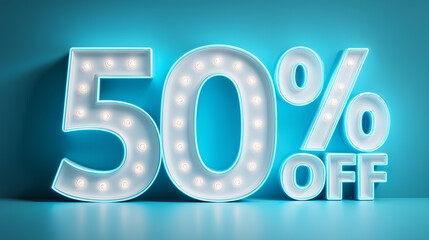 3D render of a marquee '50% off' sign with glowing light bulbs on a blue background