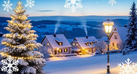 Snowy village scene at dusk with illuminated christmas tree and houses creating a cozy winter holiday atmosphere in a picturesque mountain setting