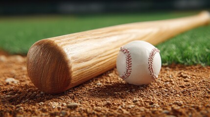 Classic wooden baseball bat and white ball resting on the infield dirt