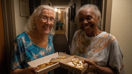 Two elderly women smile brightly while holding boxes of sweets in a cozy hallway, surrounded by the warm ambiance of their community