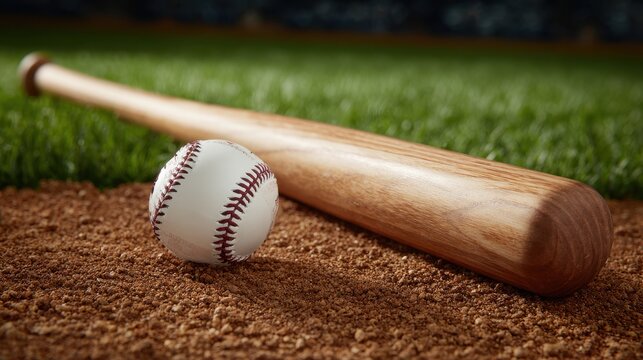 Wooden baseball bat and white ball resting on the dirt and grass of a field