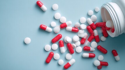 Pills and capsules spilling from a medicine bottle on a blue background