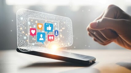 Hand interacting with holographic social media icon projection from phone motion animated video 4k - Powered by Adobe
