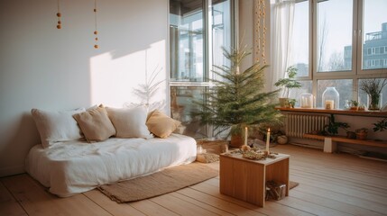 Warm sunlight fills a cozy living room with a small decorated Christmas tree, a comfortable sofa, and natural decorations, creating a peaceful winter atmosphere