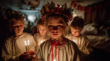 Children dressed in white hold candles, creating a warm glow in a cozy room. The atmosphere is festive as the family celebrates St. Lucia Day together during the winter