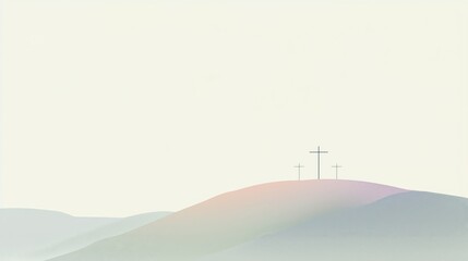 Three crosses on a soft pastel hillside, minimalist Christian background with empty space for text, designed as a calm and inspirational backdrop for worship songs or faith-themed posters.