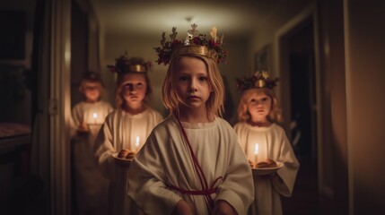 A Swedish family observes St. Lucia's Day with children dressed in white robes and crowns made of greenery, carrying candles as they walk in a cozy hallway filled with warmth