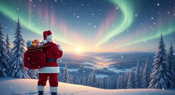 Santa claus standing in a snowy landscape with a sack full of gifts under the aurora borealis during a magical christmas eve night in a winter wonderland scene - Powered by Adobe