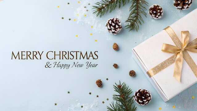 Festive merry christmas and happy new year greeting with gift box and pine cones