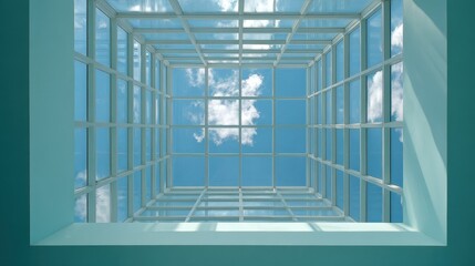 Modern glass skylight looking up at blue sky with white clouds
