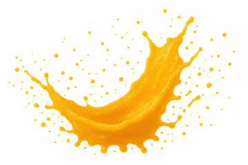 Vibrant orange juice splash with dripping droplets, illustrating refreshing fruit liquid motion, isolated on transparent background