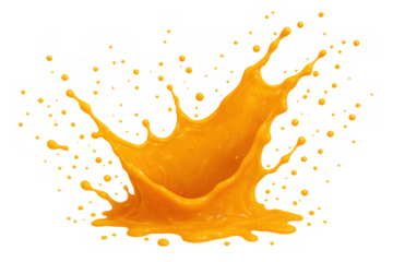 Orange juice crown splash with drops of fresh vibrant liquid flying, showing energy and movement on transparent background