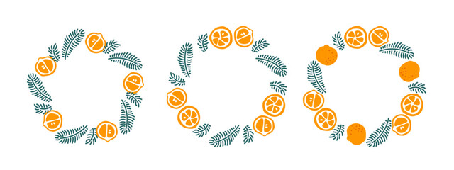 Christmas frame, wreath with Mandarins and spruce twigs. Christmas decorative frame of festive elements. Round frame set with copy space. Color vector in doodle style isolated on white background