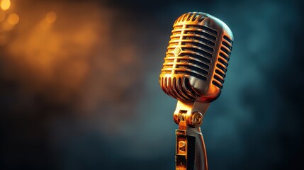 Classic golden microphone illuminated by spotlight on a dark stage