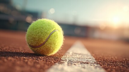 Closeup of a tennis ball on a red clay court at sunset
