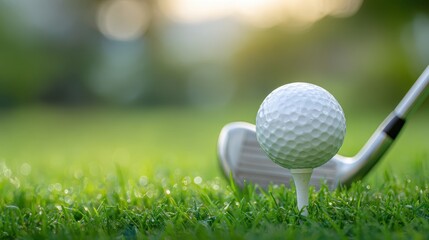 Closeup of golf ball and club on a tee in lush green grass
