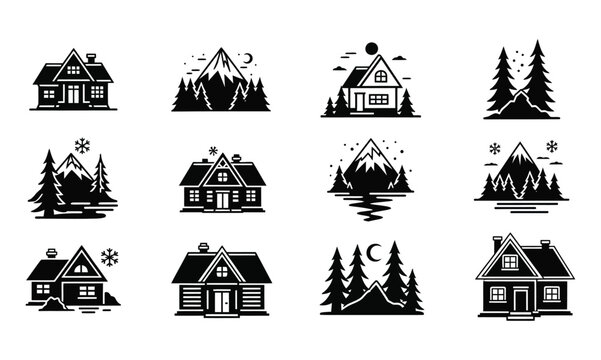 Vector icons of winter cabin houses and mountain landscapes ideal for creating design elements