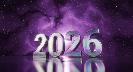 Metallic numbers "2026" on a reflective surface against a galaxy background, representing upcoming year, future, and cosmic theme, perfect for event promotion