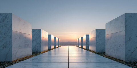 Obraz premium Marble cemetery walkway lined with identical headstones at soft sunrise