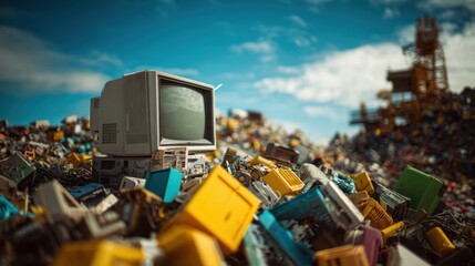 Old crt monitor in a large pile of electronic waste under blue sky