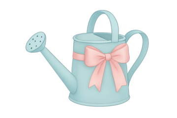 Cute pastel blue watering can with pink bow