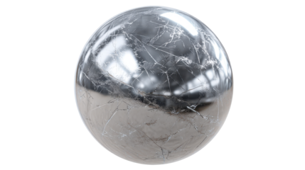 Chrome sphere displaying a highly reflective, scratched surface with numerous cracks, indicating damage and wear, isolated on a transparent background for versatile use, png