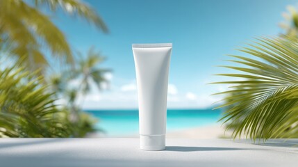 White cosmetic tube mockup on a tropical beach with palm trees and blue sky