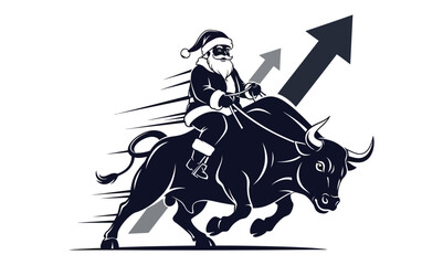 Naklejka premium Santa Claus Riding Bull with Upward Arrows Representing Financial Growth during Christmas Season