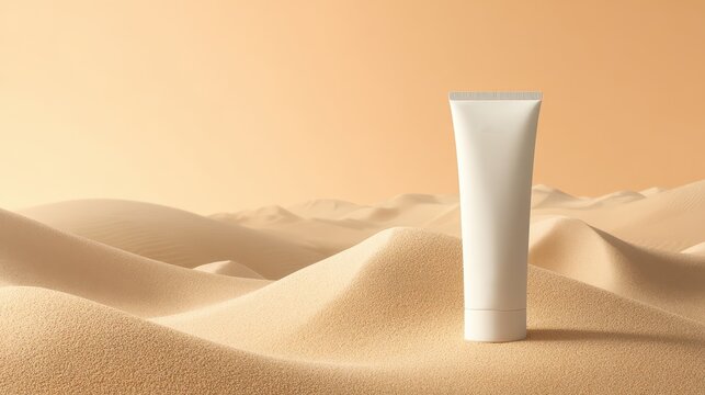 White cosmetic tube on sandy dunes, minimalist beauty product display