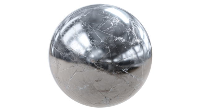 Chrome sphere displaying a highly reflective, scratched surface with numerous cracks, indicating damage and wear, isolated on a transparent background for versatile use, png