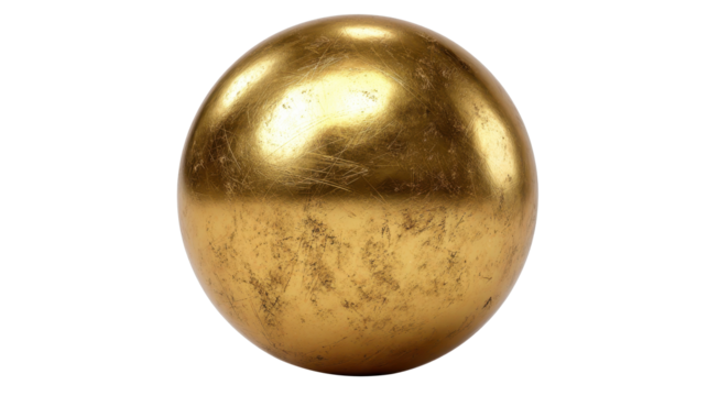 Shiny scratched gold sphere on transparent background representing luxury, value, wealth, success, elegance, and premium quality with rough metallic texture, png - Powered by Adobe