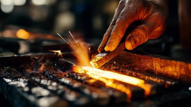 Closeup of skilled hands forging advanced copper alloy with enhanced conductivity showcasing precision and heat in a modern industrial setting.
