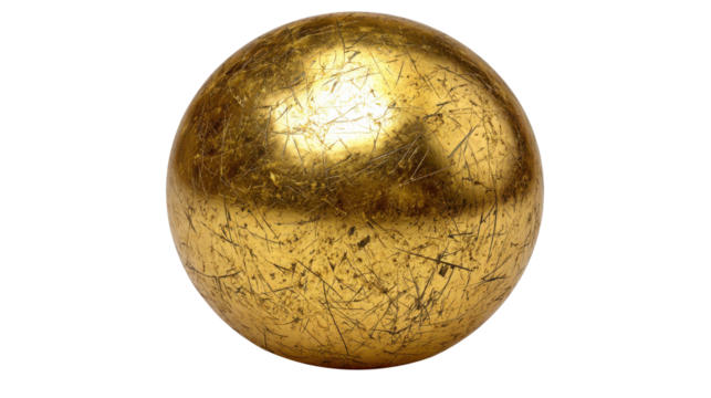 Scratched gold metal sphere on transparent background representing concepts of wealth, value, age, treasure, and investment with worn texture, png