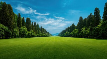 Vast green field bordered by tall trees under a clear blue sky