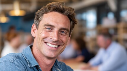 Obraz premium Happy man smiles broadly, wearing denim shirt, looking directly at camera with blue eyes.