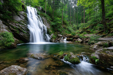 Obraz premium Tranquil Forest Waterfall and Green Pool
