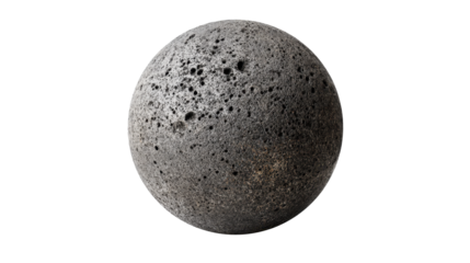 Porous grey volcanic sphere against transparent background, signifying asteroid, planet, lunar body, or abstract stone texture for scientific and geological concepts, png