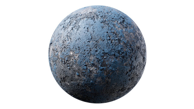 Blue gray textured 3d sphere with pitted, concrete like surface resembling a distant planet or asteroid, evoking cosmic exploration, decay, and futuristic sci fi design, png