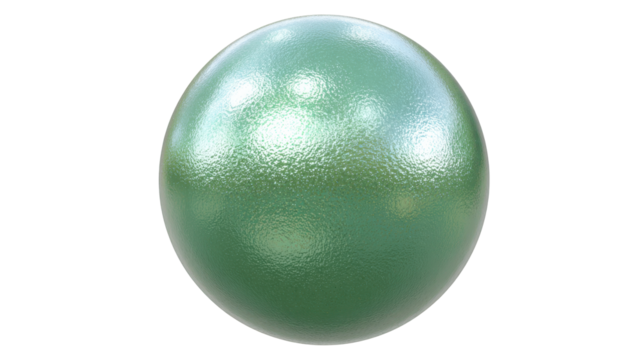 Green textured glass sphere with shiny surface and bumpy appearance on a transparent background, reflecting abstract light, png