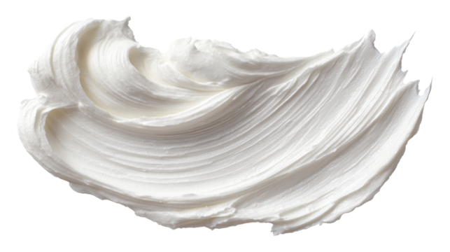 White cream, lotion, or frosting smear forming a swirling texture against a transparent background, conveying concepts of beauty, skincare, food, and hygiene, png