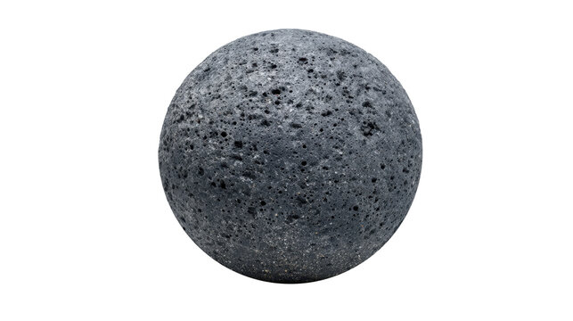 Volcanic rock sphere presenting porous texture, dark grey lava stone pumice ball, isolated for natural geological material concept and design element, png