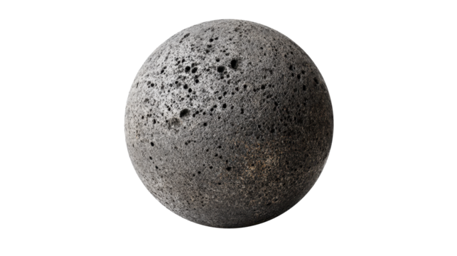 Porous grey volcanic sphere against transparent background, signifying asteroid, planet, lunar body, or abstract stone texture for scientific and geological concepts, png