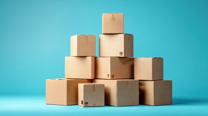 Stack of brown cardboard boxes forming a pyramid on a vibrant blue background