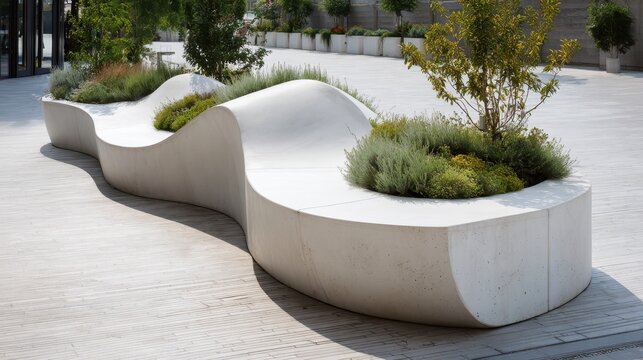 Modern concrete bench with undulating design blending public seating with integrated green planters showcasing contemporary urban landscaping architecture