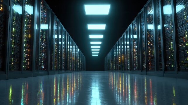 Modern data center with rows of illuminated server racks and reflections