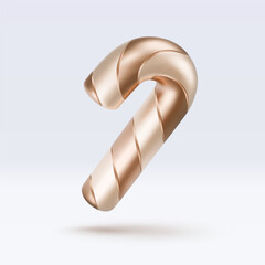 Golden candy cane with gold and white stripes and shadow. Christmas vector illustration for postcard, business card, decor, design, arts, party, sale, advertising