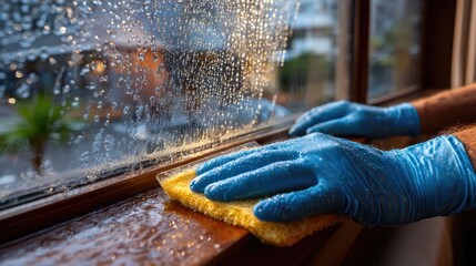 Person cleaning wet window with gloves and sponge