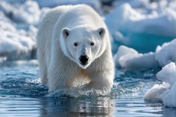 Polar bear wading through icy Arctic waters